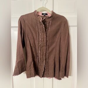 Philippe Adec Boho 100%‎ Linen Snap Up Jacket Brown Pink Distressed Size 6